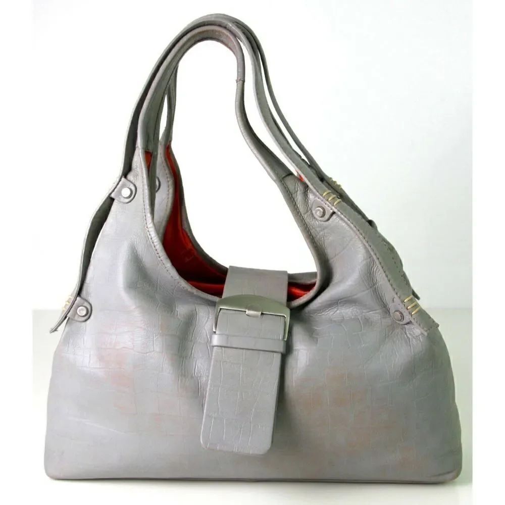 LRG MICHAEL ROME DESIGNS CROCO SOFT GRAY GENUINE LEATHER HOBO TOTE SHOULDER BAG